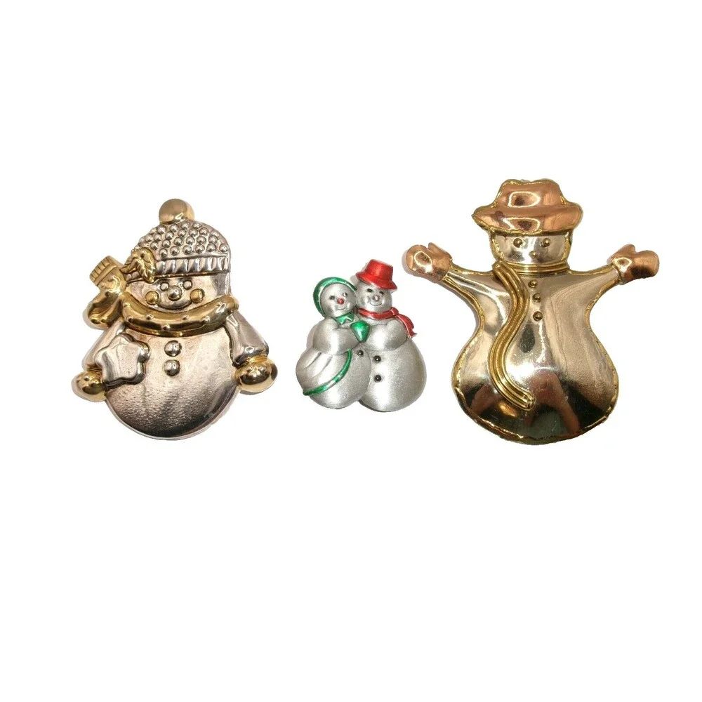 Lot of 3 Vintage Christmas Snowman Pins Brooches Pendants Mixed Metals 1 Signed